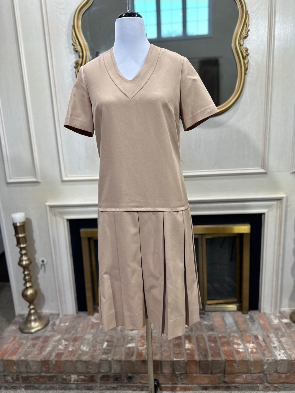 Jeanne Durrell Vintage 70s Dress 14 Beige Mod Dark Academia Preppy Shift Pleated